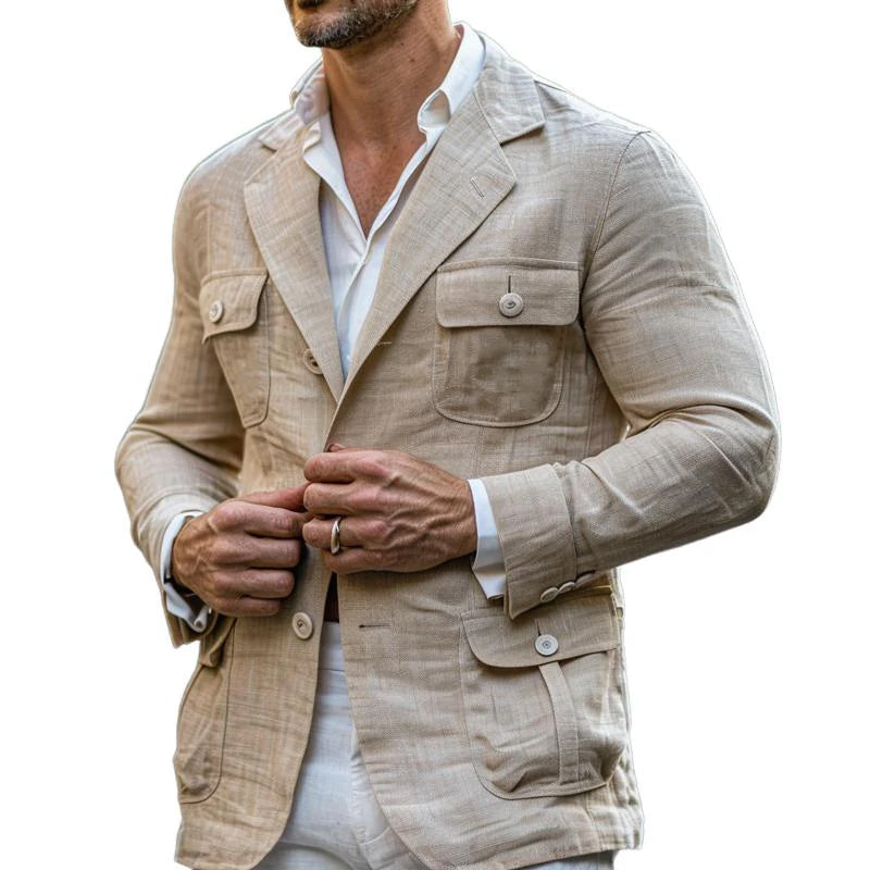 Men's Vintage Notch Lapel Cotton Linen Blended Loose Safari Jacket 9261083132088