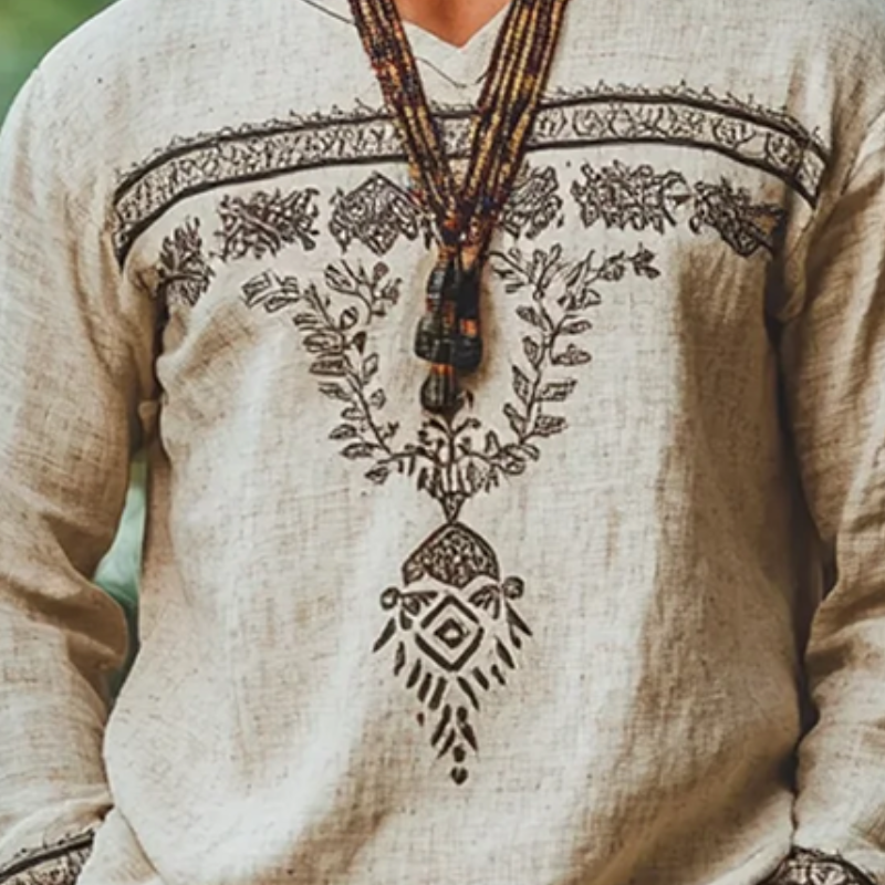 Men's Vintage Embroidery Cotton and Linen V Neck Long Sleeve Shirt 9899712676024