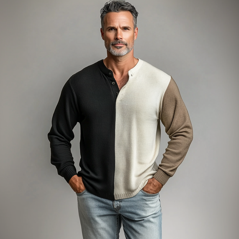 Men's Color Blocks Half Button Long Sleeve Knit Henley Shirt 9913235669176