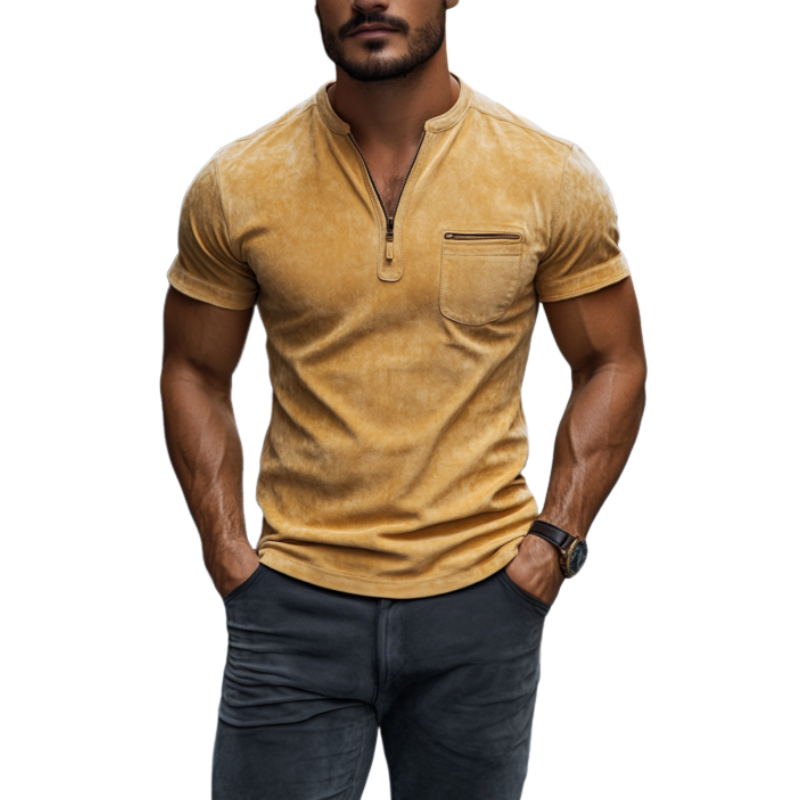 Men's Classic Casual Slim Fit V-Neck Zipper Pocket Suede Short Sleeve T-Shirt 9903595684024
