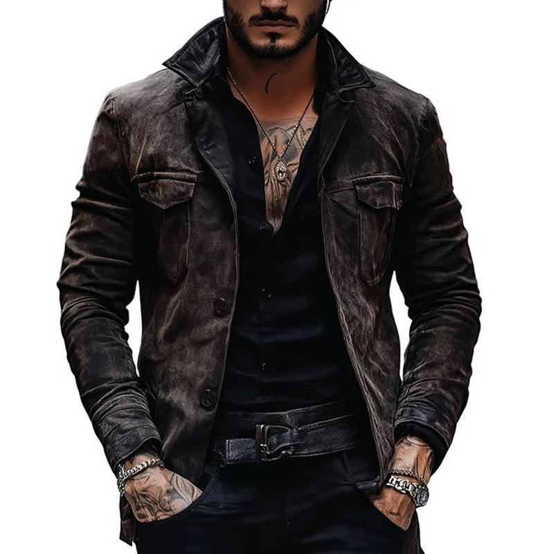 Men's Vintage Distressed Suede Lapel Chest Pocket Single Breasted Jacket 9885797286072