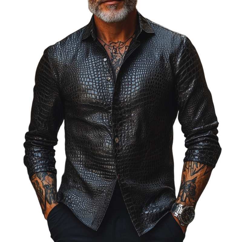 Men's Casual Slim Fit Lapel Crocodile Print Leather Long Sleeve Shirt 9901319225528