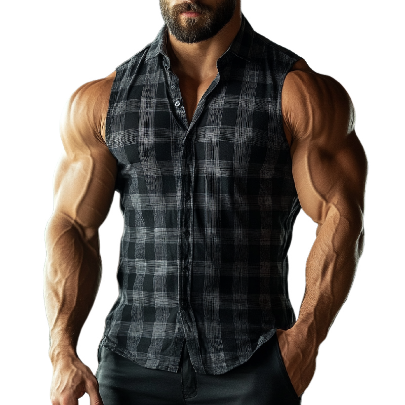 Men's Casual Cotton Plaid Lapel Slim Fit Sleeveless Shirt 9901320896696