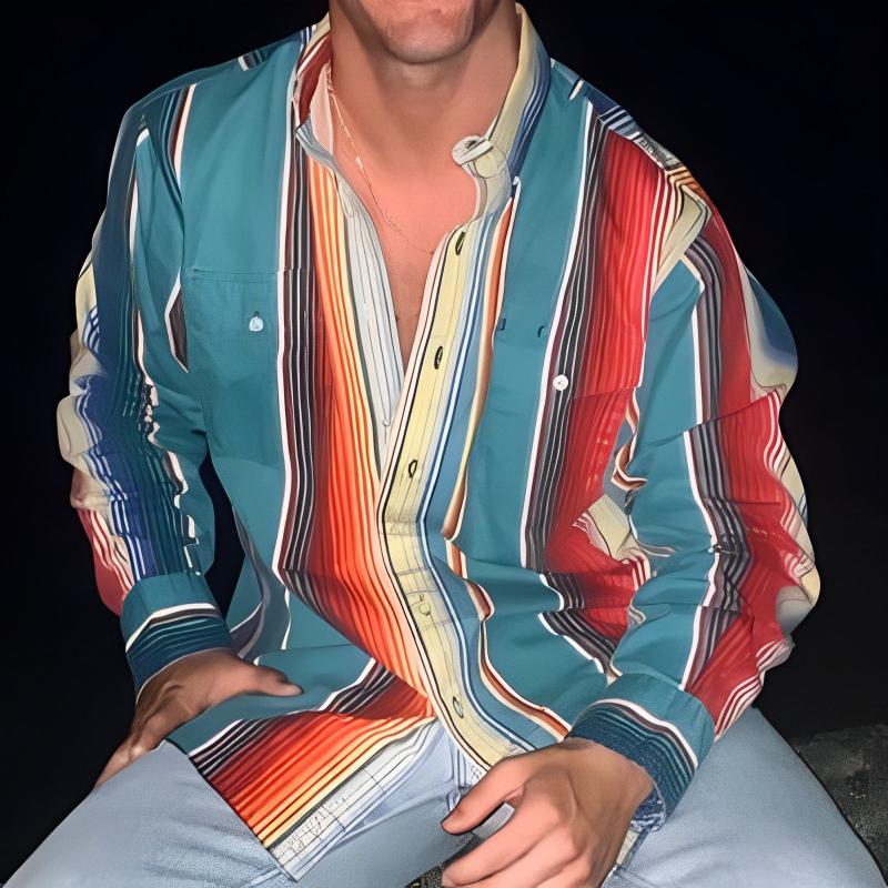 Men's Retro Color Block Stripe Printed Loose Long Sleeve Shirt 9261776240824