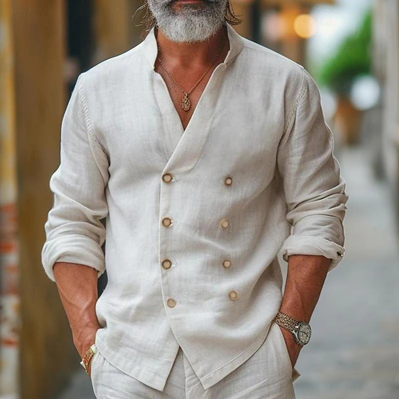 Men's Double Row Stand Collar Cotton Linen Long Sleeve 9879136698552