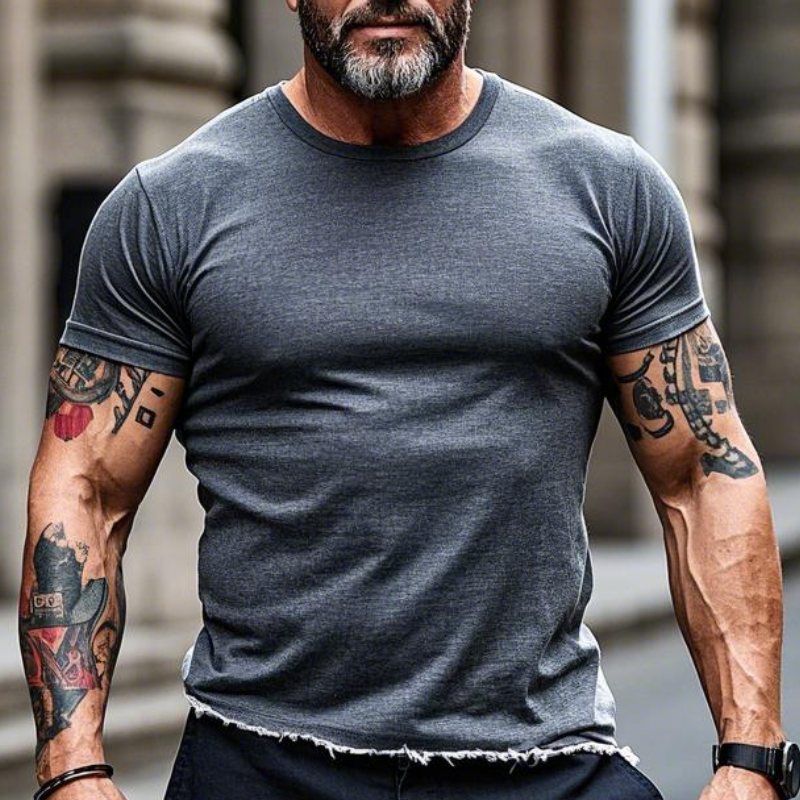 Men's Vintage Casual Round Neck Raw Edge Cotton Blend Short Sleeve T-shirt 9903594700984