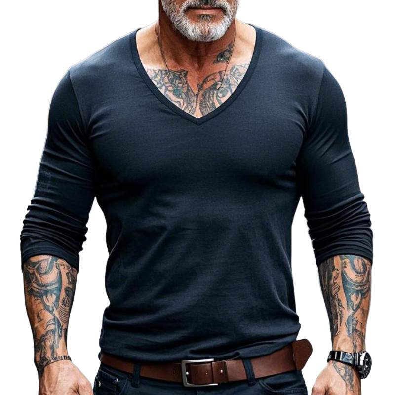 Men's Casual Solid Color V-Neck Cotton Long Sleeve T-Shirt 9902010532024