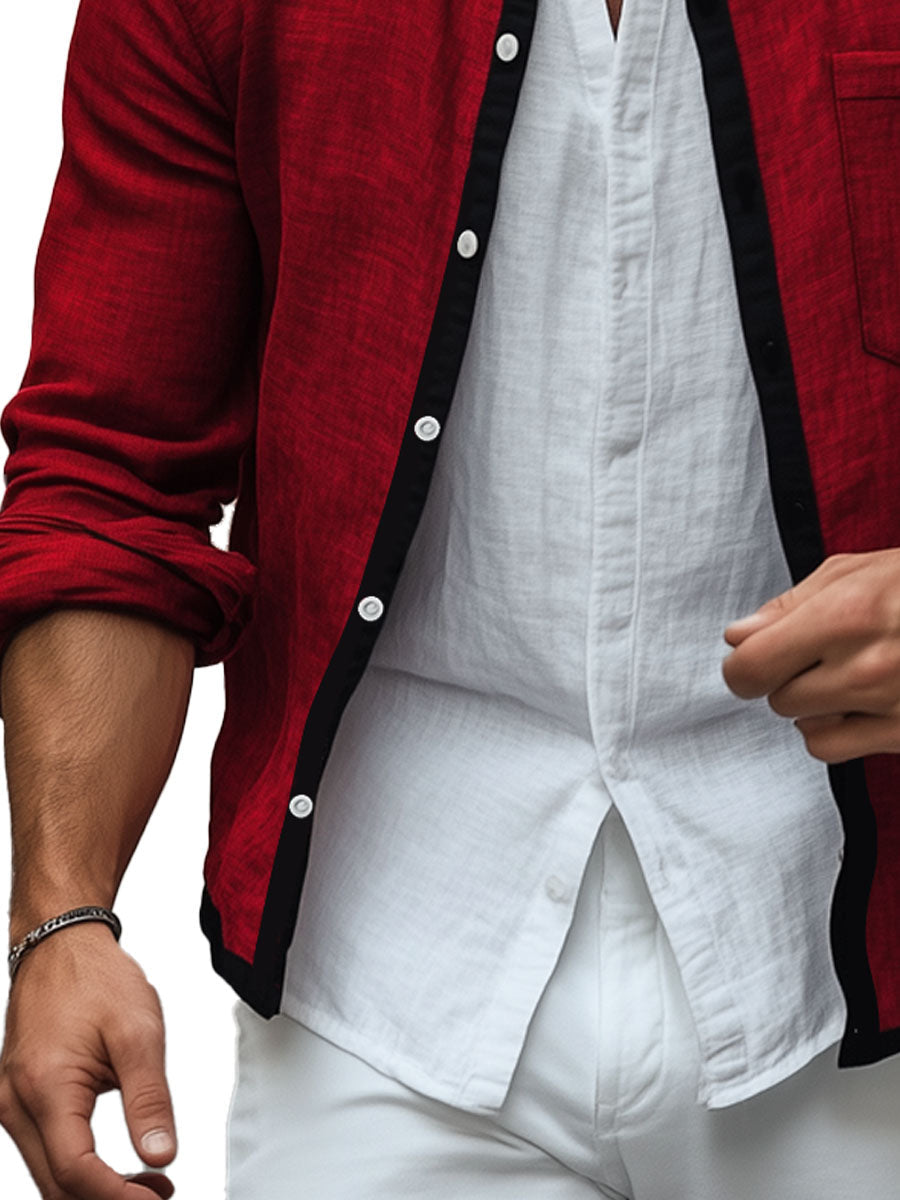 Men's Contrast Linen Panel Single Pocket Shirt Jacket 9904641114296