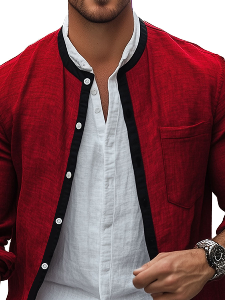 Men's Contrast Linen Panel Single Pocket Shirt Jacket 9904641114296