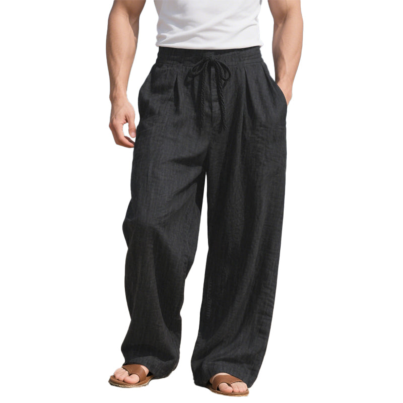 Men's Solid Color Loose Cotton And Linen Elastic Waist Casual Pants 9901320143032