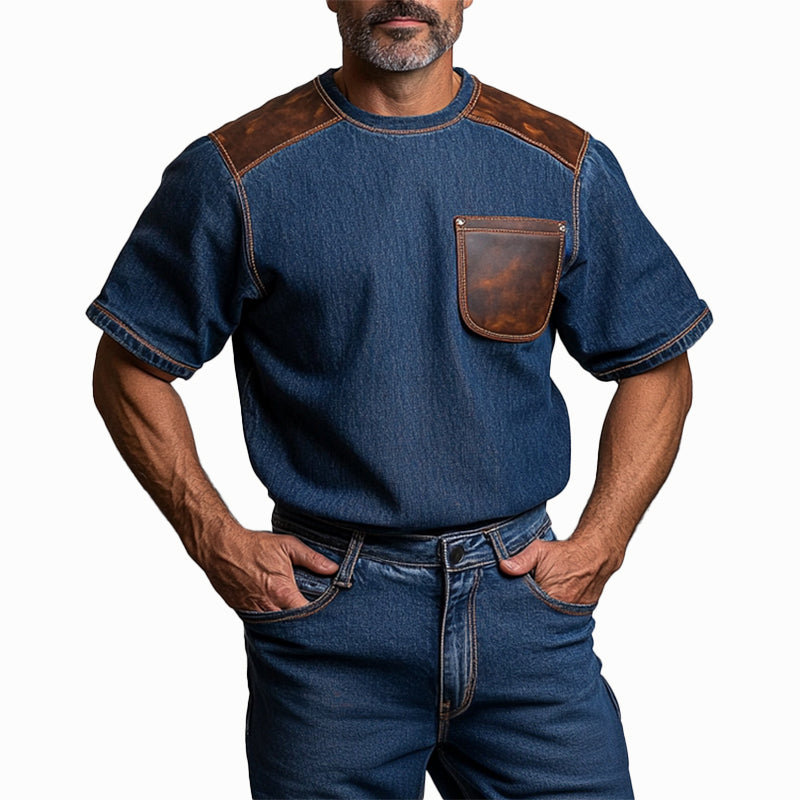 Men's Denim PU Leather Patchwork Chest Pocket Short Sleeve T-Shirt 9906596774072