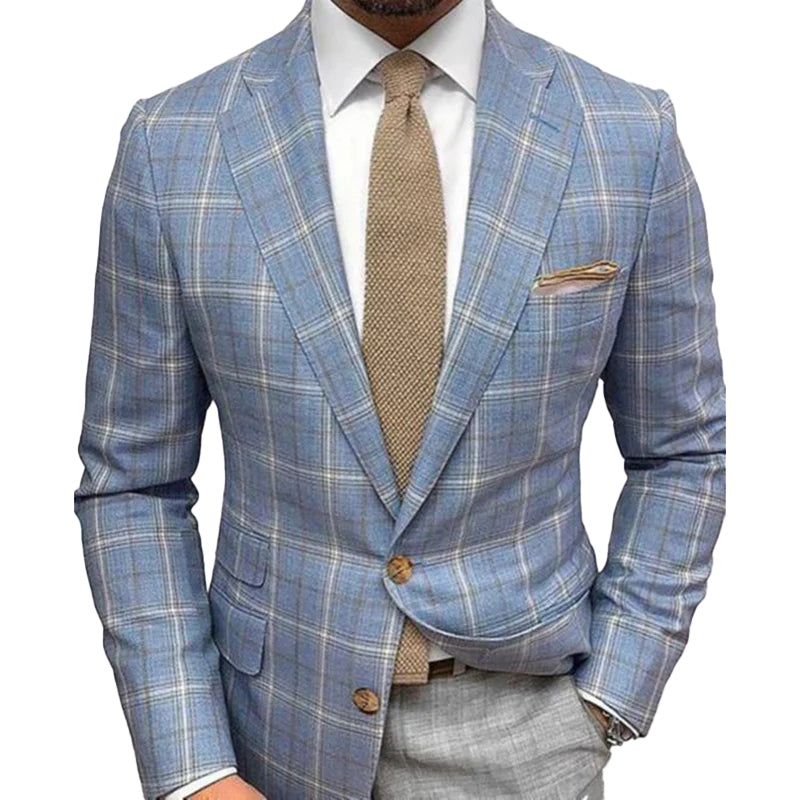Business Plaid Lapel Collar Two Buttons Long Sleeve Blazer 9888555925688