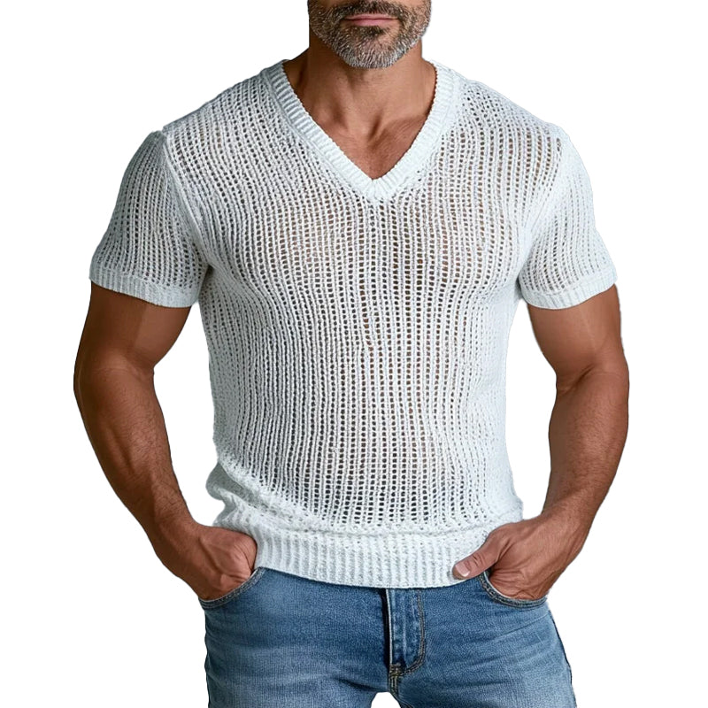 Men's Knitted Hollow Out V Neck Short Sleeve T-Shirt 9899606245560