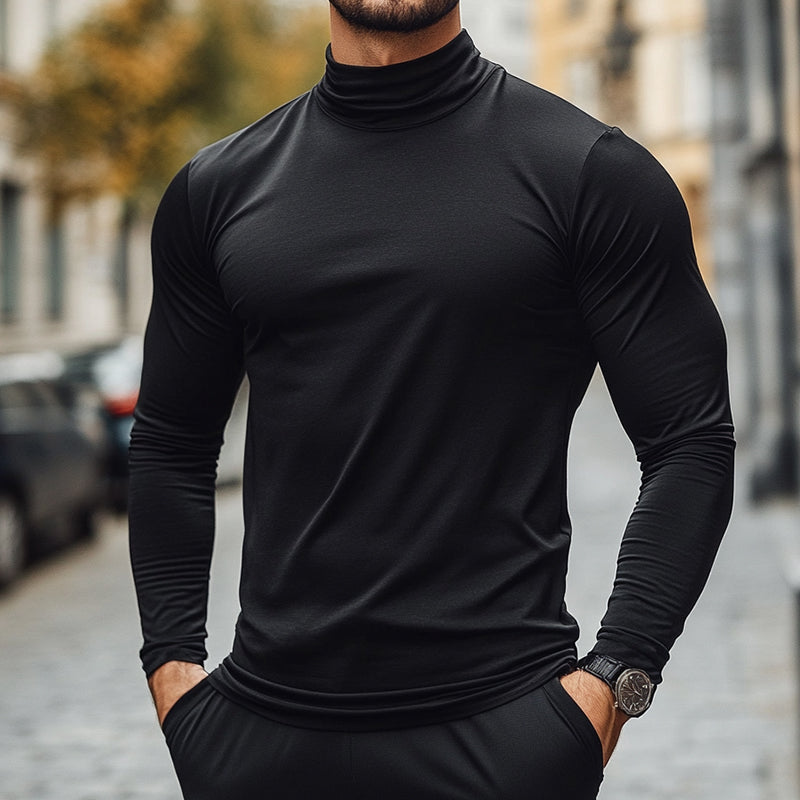 Men's Retro Casual Solid Color High Neck Long Sleeve T-Shirt 9903253029048