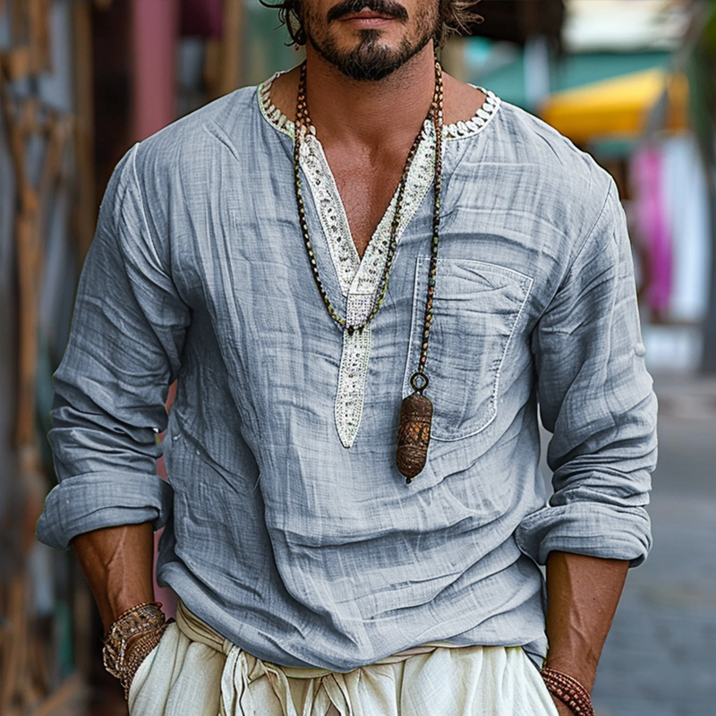 Men's Ethnic Style V Neck Long Sleeve Cotton And Linen Loose Shirt 9899714969784
