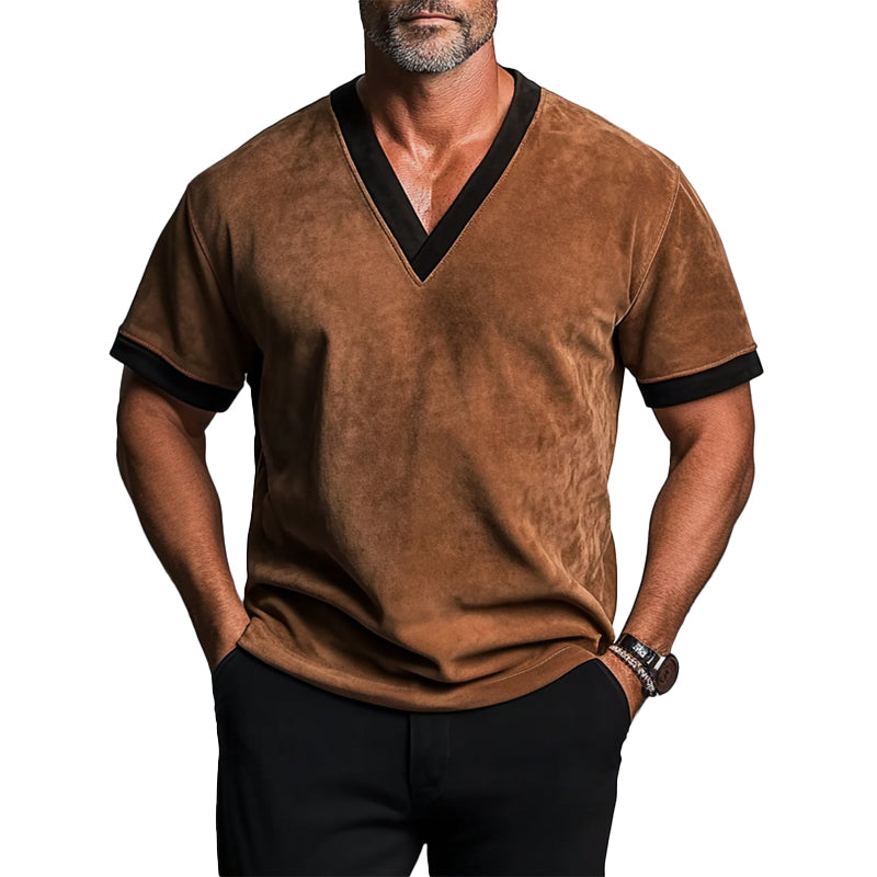 Men's V Neck Short Sleeve Suede Contrast Binding T-Shirt 9913235636408