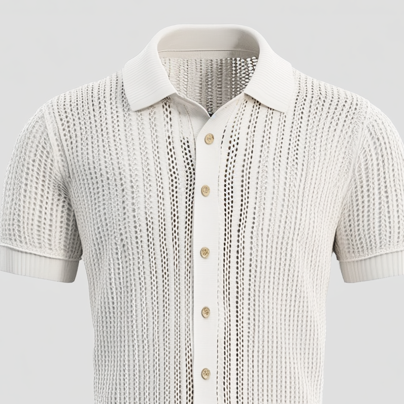 Men's Turndown Collar Button Short Sleeve Hollow Out Knitted Shirt 9913235505336