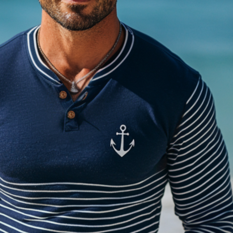Men's Vintage Casual Nautical Anchor Stripe Henley Neck Long Sleeve T-Shirt 9899712741560