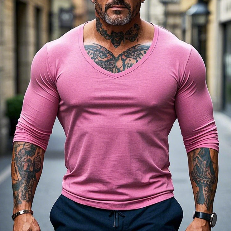 Men's Fashion Slim V-Neck Cotton Long Sleeve T-Shirt 9902010695864