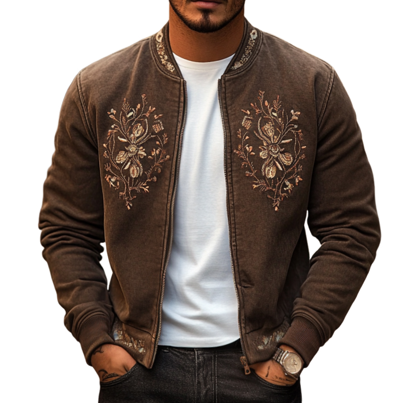Men's Vintage Casual Embroidered Distressed Stand Collar Zipper Jacket 9901326303416