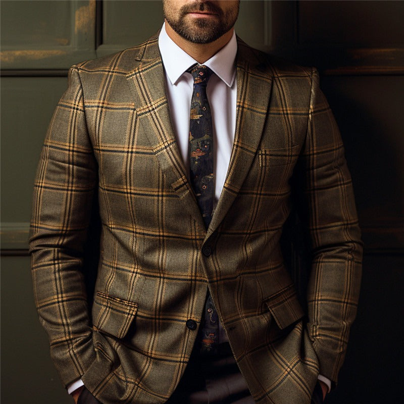 Men's Business Casual Plaid Lapel Collar Two Button Chest Pocket Blazer 9888555270328