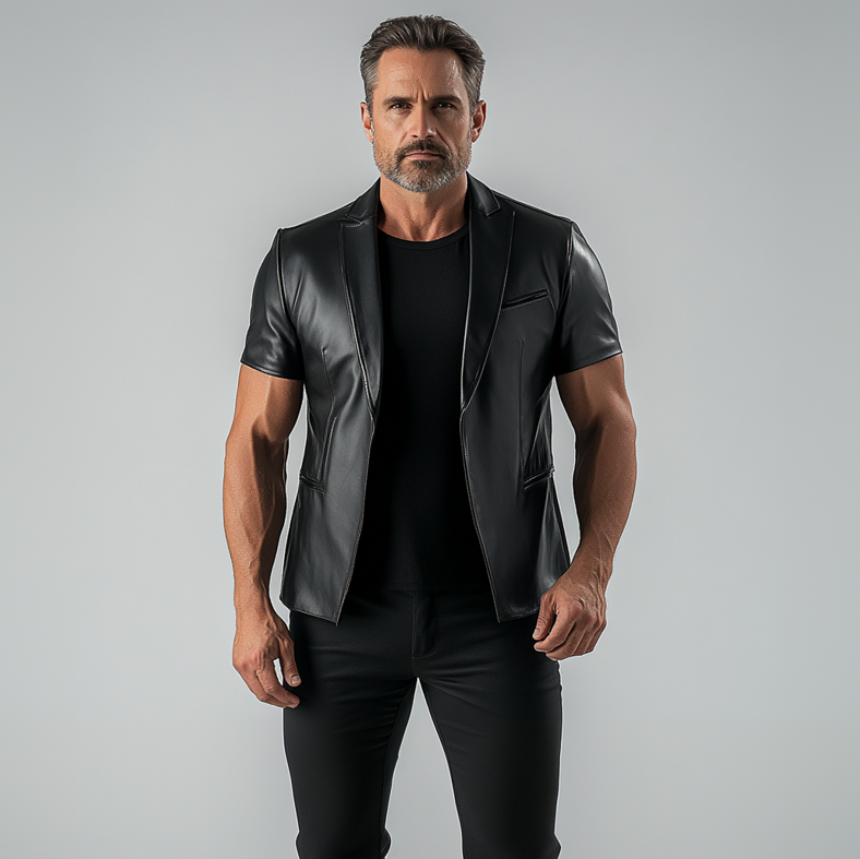 Men's PU Leather Solid Lapel Collar Short Sleeve Blazer 9899607163064