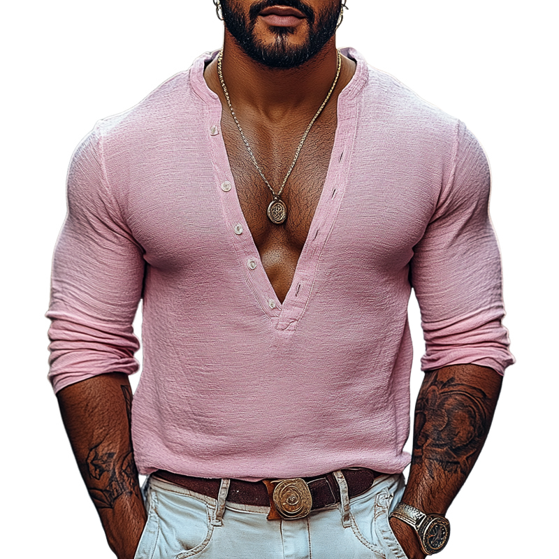 Men's Solid Color Henley Collar Long Sleeve Casual T-shirt 9903260270776