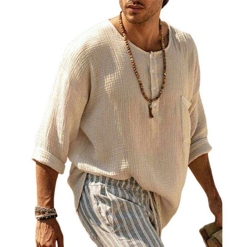 Men's Casual Breathable Round Neck Four-button Long-sleeved T-shirt 9901327122616