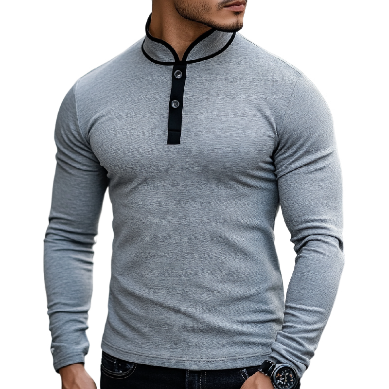 Men's Casual Comfort Henley Collar Cotton Blend Long Sleeve T-Shirt 9911545790648