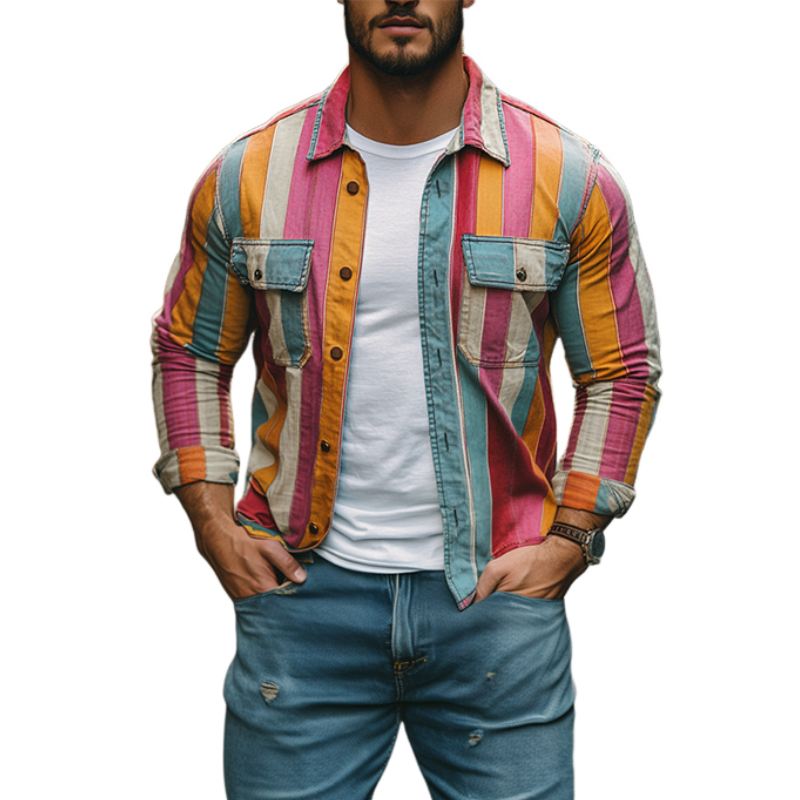 Men's Stylish Casual Western Style Vertical Striped Long Sleeve Shirt 9903260762296