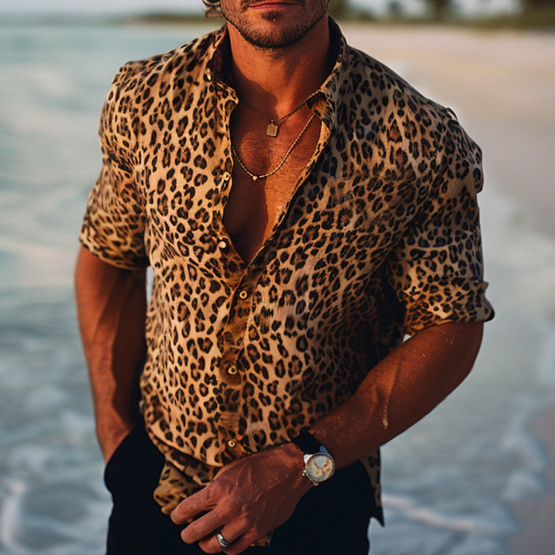 Men's Leopard Print Lapel Long Sleeve Shirt 9899738071224