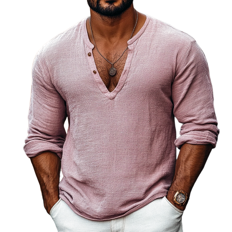 Men's Solid Color Henley Collar Long Sleeve Casual T-shirt 9903259943096