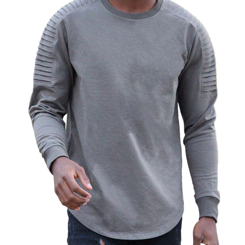 Men's Retro Casual Solid Color Pleated Round Neck Long Sleeve T-Shirt 9904629645496