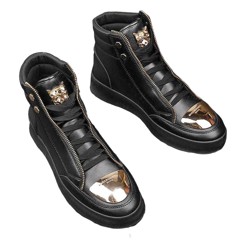 Men's Casual Solid Zipper Metal Decor Lace Up High Top PU Leather Martin Boots 9888555008184