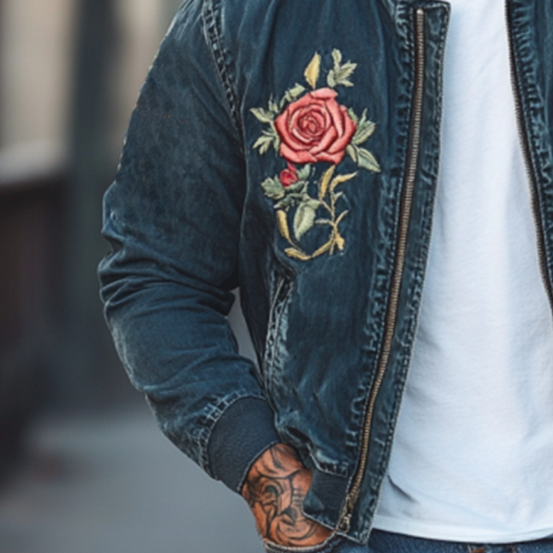 Men's Classic Casual Embroidered Denim Bomber Jacket 9892391846072