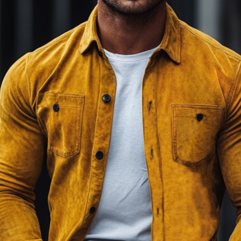 Men's Fashion Suede Slim Fit Lapel Long-Sleeved Shirt 9892052992184
