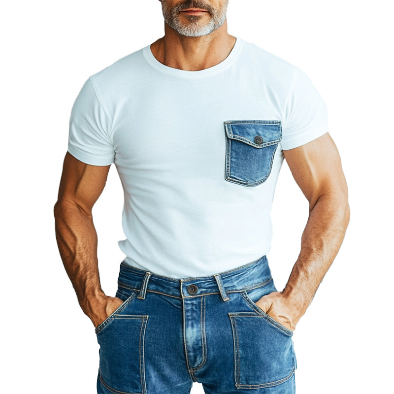 Men's Crew Neck Denim Chest Pocket Short Sleeve T-Shirt 9903587983544