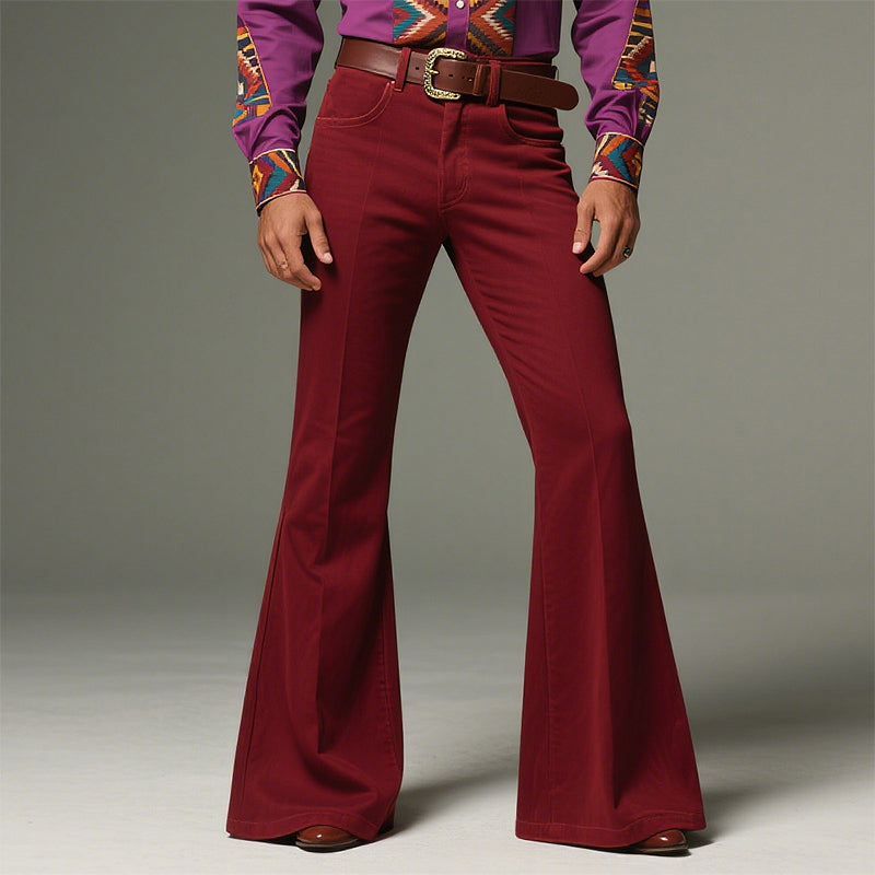 Men's Side Pockets Flared Leg Solid Color Retro Pants 9956580491448
