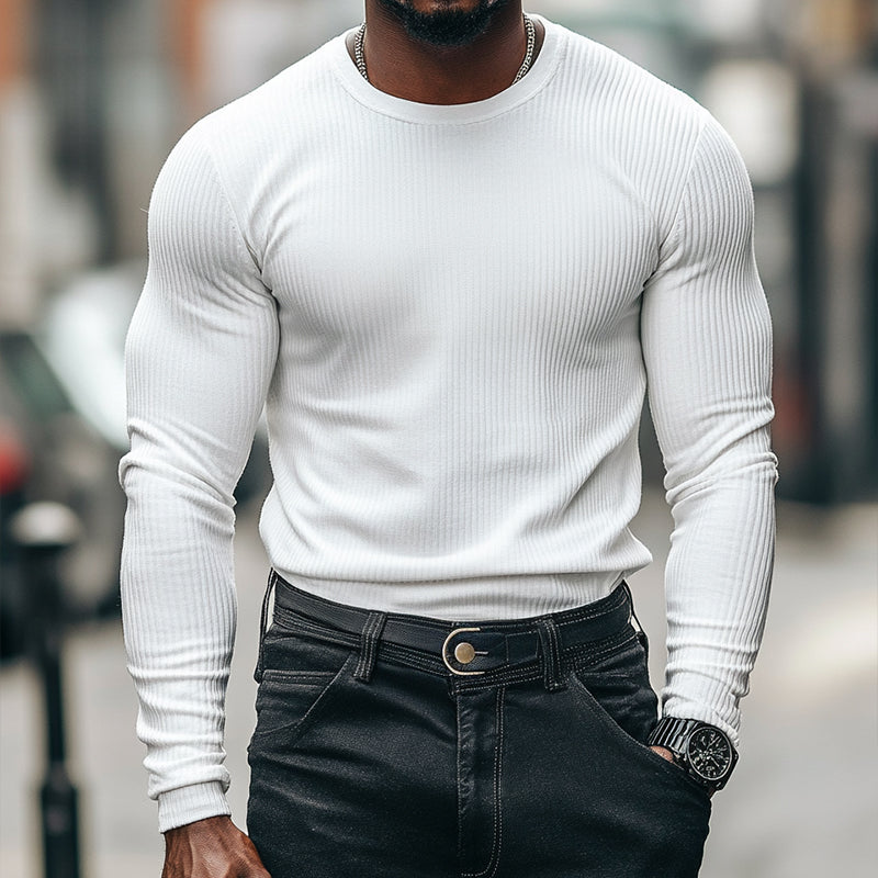 Men's Retro Casual Solid Color Striped Round Neck Long Sleeve T-Shirt 9903251194040