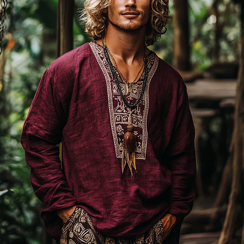 Men's Fashion Ethnic Style Embroidery V Neck Long Sleeve Cotton And Linen Shirt 9899736694968