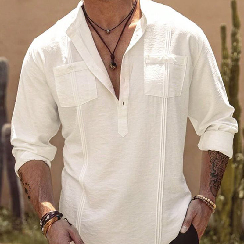 Men's Casual Ice Silk Crinkled Button Collar Long Sleeve T-Shirt 9899720638648