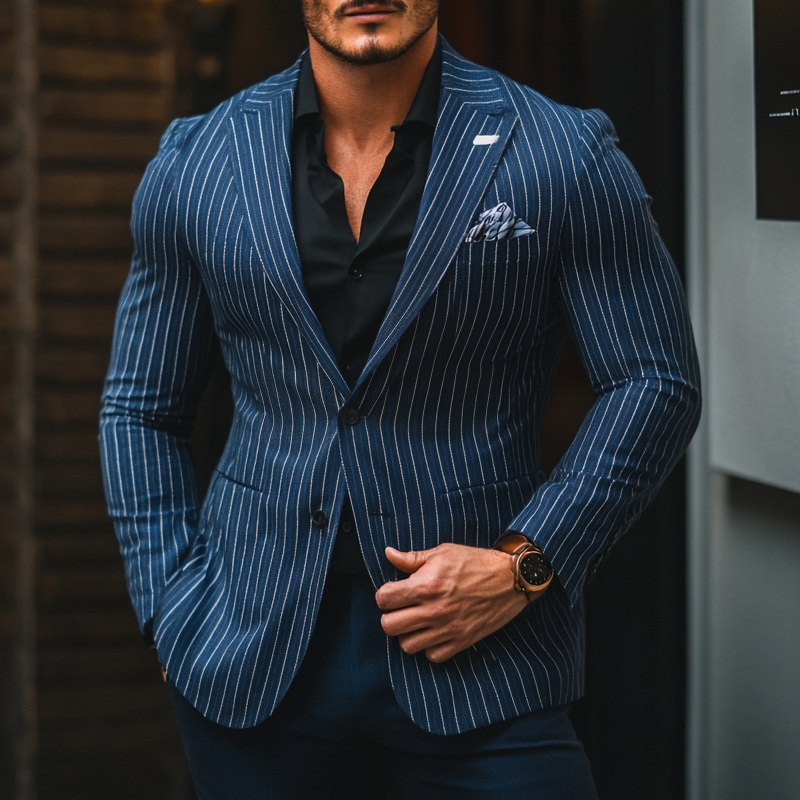 Men's Fashion Slim Striped Notch Lapel Single Breasted Casual Blazer 9907263930552