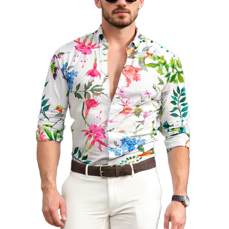 Men's Hawaiian Floral Print Long Sleeve Lapel Shirt 9261795803320