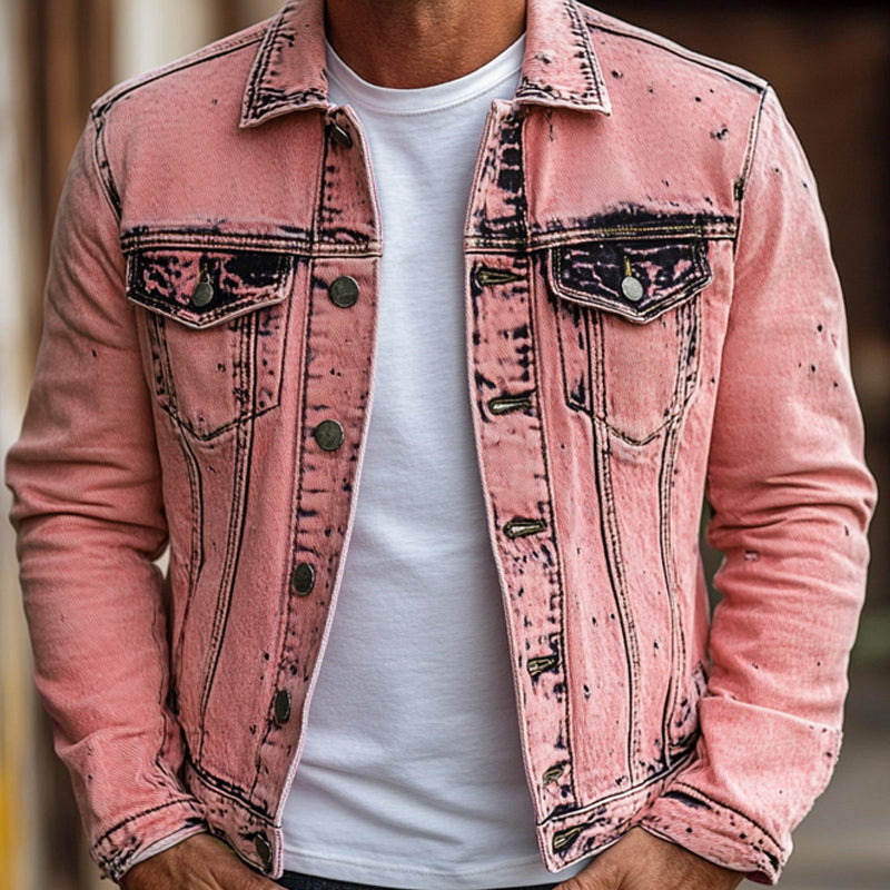 Men's Vintage Pink Tie Dye Slim Fit Denim Jacket 9911548018872