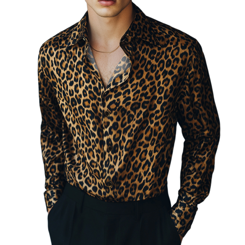 Men's Retro Casual Leopard Print Lapel Long Sleeve Shirt 9905397498040