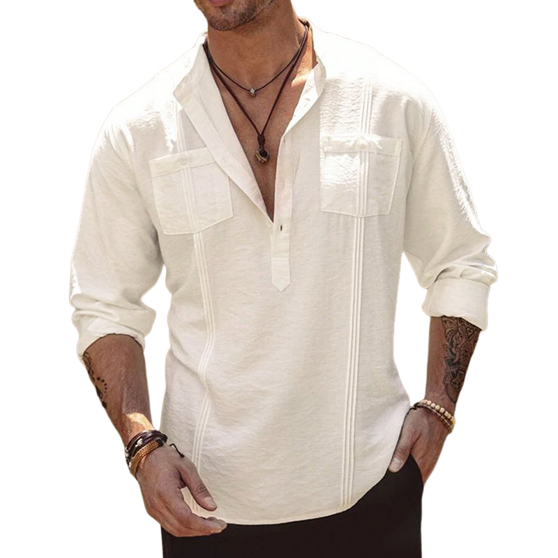 Men's Casual Ice Silk Crinkled Button Collar Long Sleeve T-Shirt 9899720638648