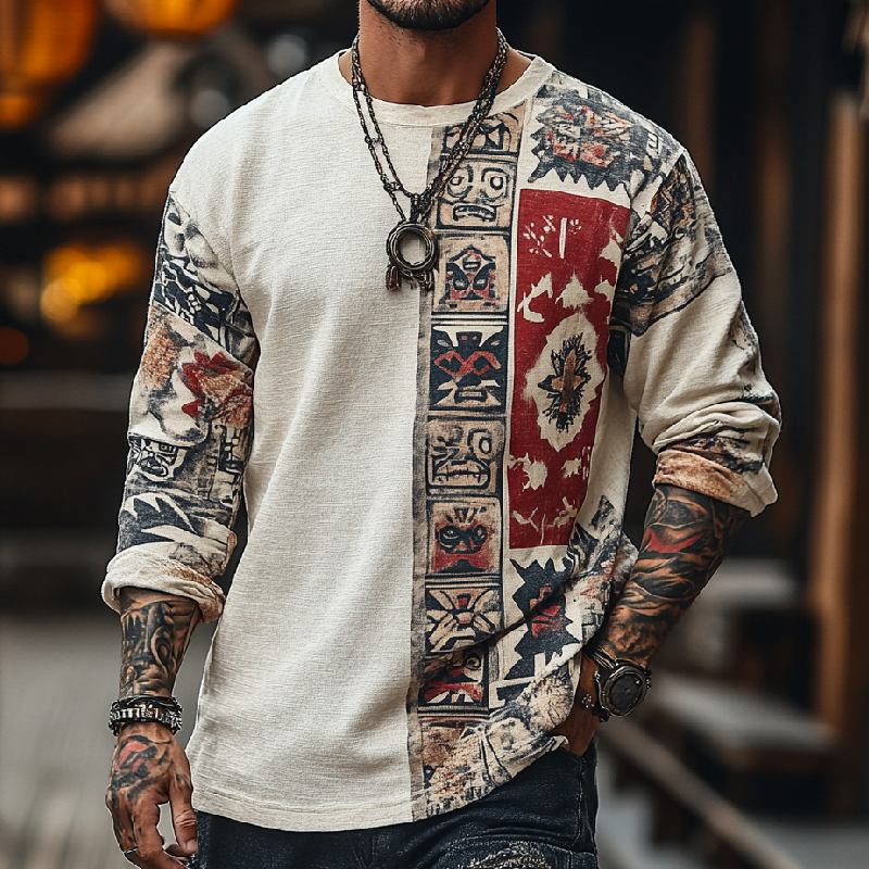 Men's Casual Round Neck Cotton and Linen Printed Long-sleeved T-shirt 9902008008888