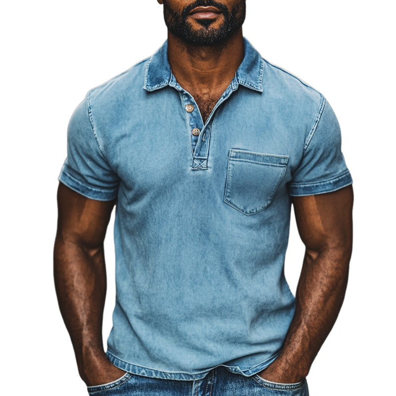 Men's Fashion Distressed Washed Lapel Short Sleeve Denim Polo Shirt 9903250505912