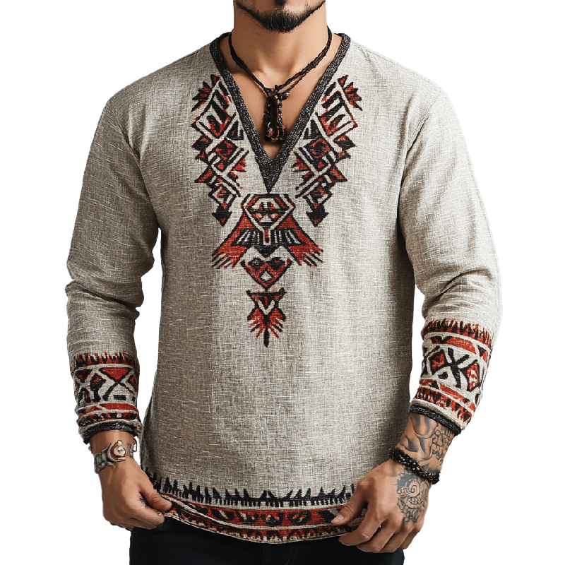 Men's Fashionable All-match V-neck Cotton and Linen Printed Long-sleeved T-shirt 9902007845048