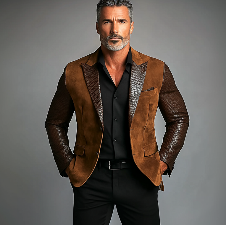 Men's PU Leather Crocodile Patchwork Peak Lapel Two Button Suede Blazer 9899608768696